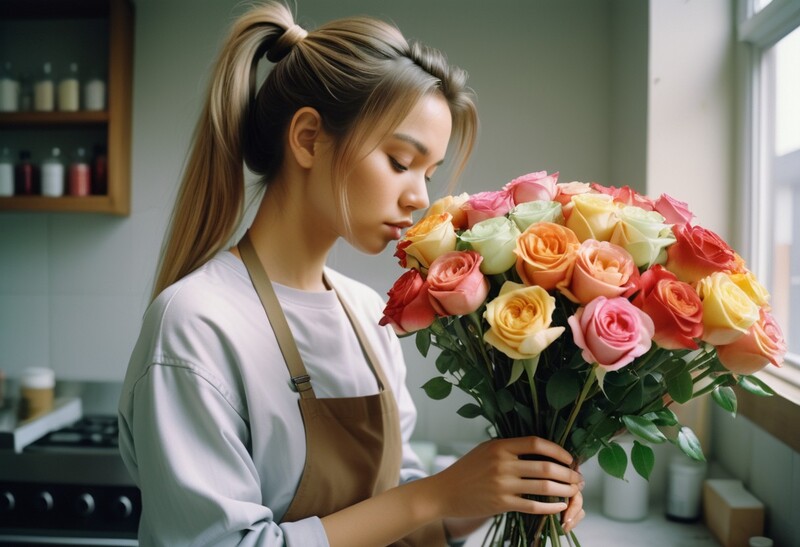 флорист обрабатывает цветы