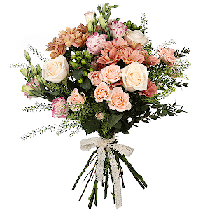 Spray rose: white, cream, light pink 50 cm - 3, Bacardi Pink Spray Chrysanthemum - 2, Pink Lisianthus (Eustoma) - 2, White rose 50 cm - 3, Hypericum, Green bell (1 pc.), Eucalyptus parvifolia (1 pc.), Ribbon