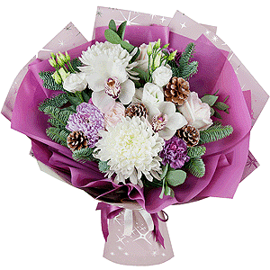 White Cymbidium Orchid Bud - 3, Magnum White Chrysanthemum - 2, Peony style roses - 4, Lilac carnation - 4, Magnum Purple Chrysanthemum - 2, Flask for orchids, Aspidistra (1 pc.), Eucalyptus Cinerea, Spruce branches (1pc.), Wrapping Paper, Christmas decor (set)