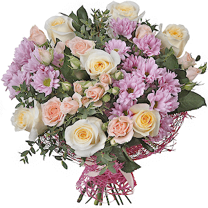 Bright pink spray rose mix, 50 cm - 3, Bacardi Pink Spray Chrysanthemum - 3, Rose Cream 50 cm - 7, Eucalyptus populus (1 pc.), Ruscus, Mesh (Abaka), Ribbon