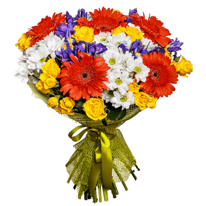 Spray rose: yellow, orange 50 cm - 13, Bacardi White Spray Chrysanthemum - 8, Gerbera daisies - 7, Irises - 13, Jute 1 meter, Ribbon