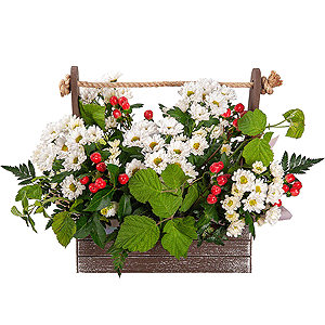 Santini White Spray Chrysanthemum - 9, Wooden pot, Oasis, Hypericum,  Raspberry branch