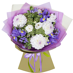 White Dahlia - 5, lisianthus - 4, Irises - 4, Sedum, Pittosporum, Pistachio, Wrapping Paper