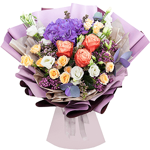 Blue/purple hydrangea - 2, Peony rose Kahala 50 cm - 5, Spray rose: white, cream, light pink 50 cm - 6, Lilac Bush - 4, lisianthus - 5, Eucalyptus Cinerea, Wrapping Paper