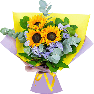 Sunflower - 7, Salal, Eucalyptus Cinerea, Blue Statice, Wrapping Paper, Ribbon