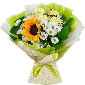 Sunflower - 3, Bacardi Yellow Spray Chrysanthemum - 2, Santini White Spray Chrysanthemum - 3, Chamomile - 2, Salal, Wrapping Paper, Ribbon