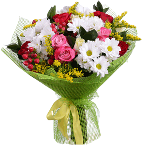 Rose 40 cm - 19, Bacardi White Spray Chrysanthemum - 8, Hypericum, Solidago (1 pc.), Ruscus, Jute 1 meter, Ribbon
