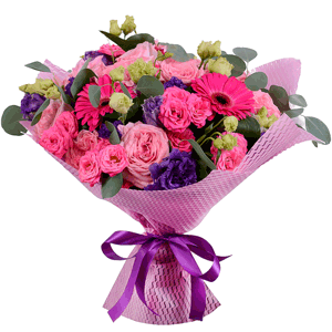 David Austin peonyroses - 15, Purple Lisianthus (Eustoma) - 7, Bright pink spray rose mix, 50 cm - 11, Gerbera pink - 5, Aspidistra (1 pc.), Eucalyptus populus (1 pc.), Felt, Ribbon