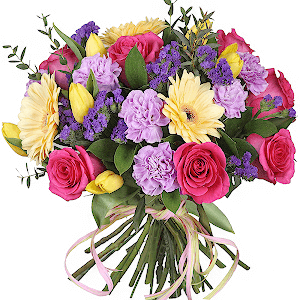 Pink rose 50 cm - 10, Gerbera yellow - 4, Yellow tulip - 8, Lilac carnation - 7, Blue Statice, Eucalyptus parvifolia (1 pc.), Ruscus, Ribbon