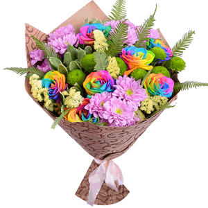 Rainbow rose - 13, Baltica Pink Spray Chrysanthemum - 6, Athos pom Feeling Green - 3, Ambrella, Pittosporum, Yellow Statice, Wrapping Paper