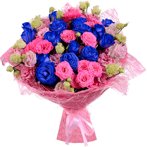 Rose blue - 21, Bright pink spray rose mix, 50 cm - 13, Pink Lisianthus (Eustoma) - 13, Sisal, Ribbon