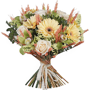 White rose 50 cm - 7, Green Cymbidium Orchid Bud - 7, Gerbera yellow - 7, White statice, Pistachio, Dried flowers in assortment, Ribbon, Flask for orchids