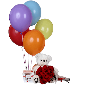 Red rose 50 cm - 13, Felt, Ribbon, Taddy Bear 45 cm, Box of candies «Raffaello» 150 g, Helium Balloon (1 pc.)