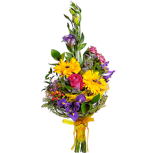 Gerbera yellow - 3, Pink rose 50 cm - 2, Purple Lisianthus (Eustoma) - 3, Irises - 3, Bright pink spray rose mix, 50 cm - 1, Limonium (1 pc.), Hypericum, Ruscus, Felt, Ribbon, Bouquet frame structure