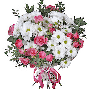 Bacardi White Spray Chrysanthemum - 4, Bright pink spray rose mix, 50 cm - 6, Eucalyptus parvifolia (1 pc.), Ruscus, Mesh (Abaka), Ribbon