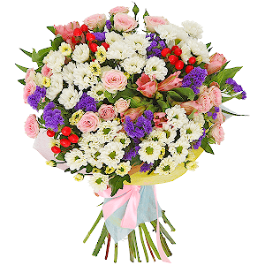 Bright pink spray rose mix, 50 cm - 7, Santini White Spray Chrysanthemum - 8, Alstromeria white, soft pink - 5, Blue Statice, Hypericum, Felt, Ribbon