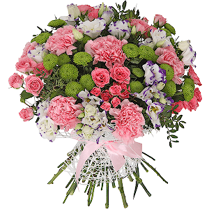 Bright pink spray rose mix, 50 cm - 7, Pink carnation - 9, Purple Lisianthus (Eustoma) - 7, Athos pom Feeling Green - 5, Mesh (Abaka), Ribbon, Pistachio