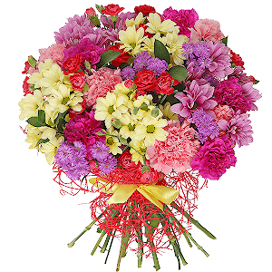 Pink carnation - 8, Pink spray carnation - 11, Bacardi Yellow Spray Chrysanthemum - 5, Lilac aster - 4, Lilac carnation - 7, Bacardi Pink Spray Chrysanthemum - 5, Ruscus, Mesh (Abaka), Ribbon