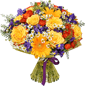 Yellow rose 50 cm - 10, Spray rose: yellow, orange 50 cm - 6, Gerbera yellow - 4, Irises - 9, Chamomile - 5, Green bell (1 pc.), Blue Statice, Sisal, Ribbon