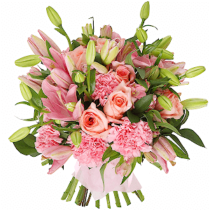 Pink rose 50 cm - 13, Pink lily - 5, Pink carnation - 11, Alstromeria white, soft pink - 8, Ruscus, Felt, Ribbon