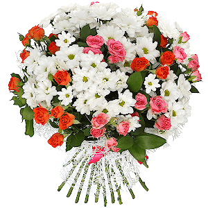 Spray rose: yellow, orange 50 cm - 6, Bacardi White Spray Chrysanthemum - 10, Bright pink spray rose mix, 50 cm - 6, Ruscus, Mesh (Abaka), Ribbon