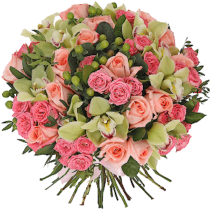 Green Cymbidium Orchid Bud - 14, Pink rose 50 cm - 20, Bright pink spray rose mix, 50 cm - 16, Hypericum, Pistachio, Ruscus, Ribbon, Flask for orchids