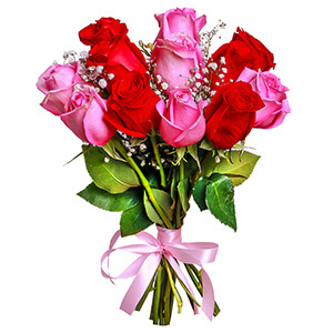 Gypsophila - 2, Pink rose 50 cm - 9, Red rose 50 cm - 9, Ribbon