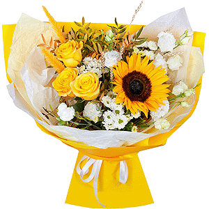 Sunflower - 1, Santini White Spray Chrysanthemum - 4, lisianthus - 3, Yellow rose 50 cm - 4, White spray carnation - 2, Pistachio, Wrapping Paper, Dried flowers decor