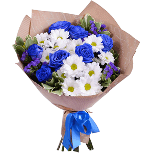 Arrangement of blue roses and chrysanthemums with delivery Vologda