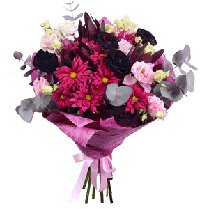 Rose black - 7, Bacardi Red Spray Chrysanthemum - 3, Pink Lisianthus (Eustoma) - 5, Leukodendron, Eucalyptus Cinerea, Wrapping Paper, Film, Ribbon