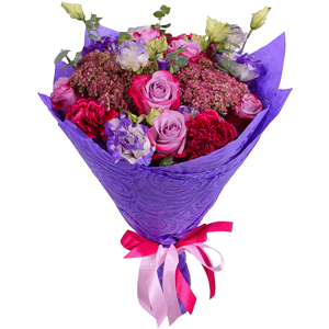 Deep Purple rose - 11, Carnation red - 4, Purple Lisianthus (Eustoma) - 5, Eucalyptus baby blue (1 pc.), Blue Statice, Felt, Ribbon, Sedum