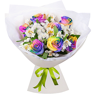 Rainbow rose - 7, Alstromeria white, soft pink - 9, Athos poms Stallion - 7, Wrapping Paper, Ribbon