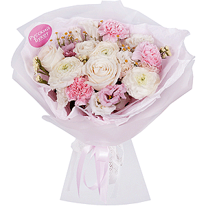 Ranunculus White - 3, White rose 50 cm - 7, Pink carnation - 7, Chamomile - 2, lisianthus - 3, Yellow Statice, Wrapping Paper, Ribbon