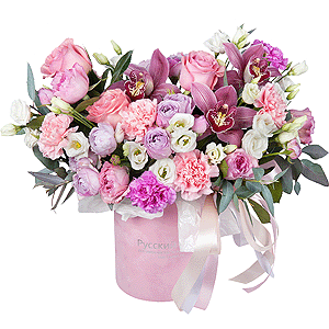 Pink rose 50 cm - 11, Spray peony rose Lavander, 50 cm - 3, lisianthus - 3, Lilac carnation - 5, Pink Cymbidium Orchid Bud - 3, Pink carnation - 7, Round flower box small , Oasis, Wrapping Paper, Eucalyptus Cinerea, Flask for orchids