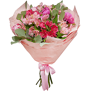 Peony pink - 6, Alstromeria white, soft pink - 6, Eucalyptus populus (1 pc.), Wrapping Paper
