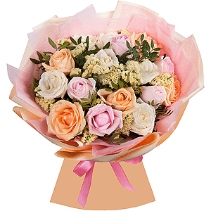 Pink rose 50 cm - 7, White rose 50 cm - 8, Rose Cream 50 cm - 6, Yellow Statice, Pistachio, Wrapping Paper
