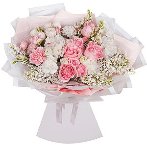 Rose Pink 50 cm Ecuador (Chelo, Hermosa, Novia, Titanik, Engagement, Pink Mondiale) - 9, Pink carnation - 5, Peony white - 3, lisianthus - 2, Peony sprayrose - 5, White Lilac - 3, Carnation white, cream - 4, Wrapping Paper