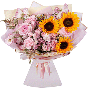 Sunflower - 3, Pink carnation - 7, Pink Lisianthus (Eustoma) - 2, Pink rose 50 cm - 5, Chamomile - 3, Peony sprayrose - 3, Ozotamnus, Fern (1 pc.), Wrapping Paper