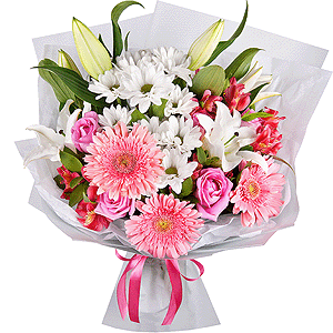 Lilies - 2, Alstromeria Red, Bright Pink - 3, Gerbera pink - 3, Pink rose 50 cm - 7, Bacardi White Spray Chrysanthemum - 3, Pistachio, Ruscus, Wrapping Paper, Ribbon