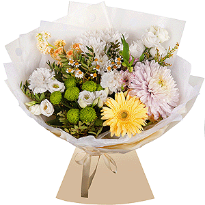 Chamomile - 1, Baltica White Spray Chrysanthemum - 2, Athos pom Feeling Green - 2, Alstromeria white, soft pink - 3, lisianthus - 2, Spray rose: white, cream, light pink 50 cm - 2, White Matthiola - 2, Carnation white, cream - 4, Magnum Purple Chrysanthemum - 1, Gerbera yellow - 1, Solidago (1 pc.), Pistachio, Wrapping Paper