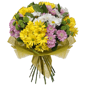 Bacardi White Spray Chrysanthemum - 5, Athos pom Feeling Green - 4, Bacardi Yellow Spray Chrysanthemum - 5, Bacardi Pink Spray Chrysanthemum - 5, Ribbon, Felt, Ruscus
