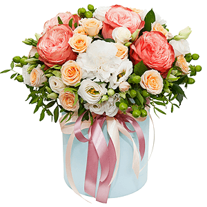 Spray rose: white, cream, light pink 50 cm - 6, Carnation white, cream - 4, lisianthus - 4, Peony rose Kahala 50 cm - 7, Round flower box small , Oasis, Film, Pistachio, Ruscus, Hypericum, Ribbon