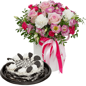 Carnation white, cream - 4, Pink Lisianthus (Eustoma) - 7, Pink spray carnation - 4, Pink rose 50 cm - 4, Round flower box small , Oasis, Film, Pistachio, Ribbon, Cake in assortment
