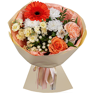 Gerbera daisies - 1, Baltica White Spray Chrysanthemum - 1, White Matthiola - 1, Alstromeria white, soft pink - 3, Pink carnation - 2, Rose Cream 50 cm - 1, Hypericum, Pistachio, Wrapping Paper