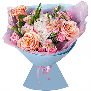 Baltica White Spray Chrysanthemum - 1, Pink-orange rose Phoenix 50 cm - 3, Pink spray carnation - 3, Alstromeria white, soft pink - 5, Wrapping Paper