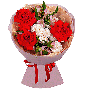 Red rose Nina 50 cm - 3, Baltica White Spray Chrysanthemum - 1, Peony sprayrose - 1, Alstromeria white, soft pink - 6, Wrapping Paper