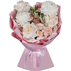 Chrysanthemum white Bigoudi - 2, Peony style roses - 3, Carnation white, cream - 5, Baltica White Spray Chrysanthemum - 1, Alstromeria white, soft pink - 5, Peony sprayrose - 3, Wrapping Paper