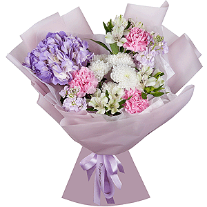 Blue/purple hydrangea - 1, Baltica White Spray Chrysanthemum - 1, Pink carnation - 5, Alstromeria white, soft pink - 4, Matthiola Lilac - 2, Wrapping Paper