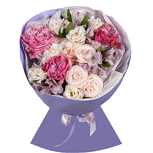 Pink rose Country Blues 50 cm - 3, Peony sprayrose - 2, Baltica White Spray Chrysanthemum - 1, Alstromeria lilac, purple - 7, lisianthus - 2, Wrapping Paper