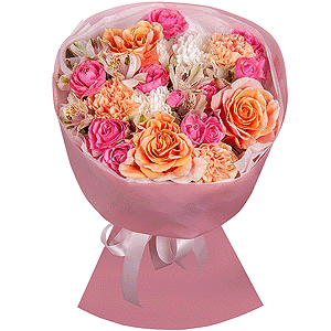 Pink-orange rose Phoenix 50 cm - 3, Bright pink spray rose mix, 50 cm - 3, Baltica White Spray Chrysanthemum - 1, Carnation white, cream - 5, Alstromeria white, soft pink - 4, Wrapping Paper